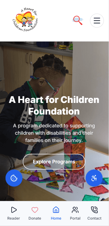 A Heart for Children Foundation website on a phone with Reader, Donate, Portal and Contact navigation