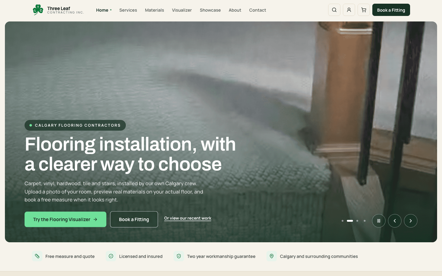 Three Leaf Contracting website home page with the flooring visualizer call to action